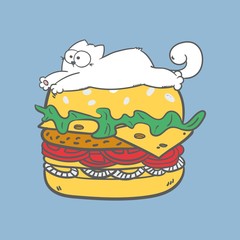 vector cartoon illustration of fat lazy white cat lying on burger with bun, sesame, cutlet, tomato, onion, fast food drawn with a tablet