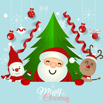 Christmas Greeting Card with Christmas Santa Claus ,Snowman and reindeer. Vector illustration