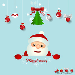 Christmas Greeting Card with Santa Claus, Christmas tree and Christmas decorations. Vector illustration