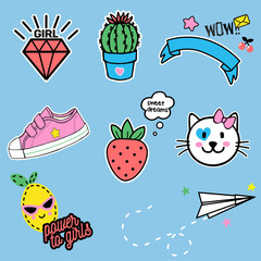 Cartoon fashion cute cartoon patches for girl in kawaii anime style, trendy badges for clothes design in 80s-90s comic style. Vector illustration, sticker set, baby shower, emoji, power to girls