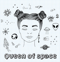 Vector sketch hand drawn black and white illustration of surreal girl dreaming about cosmos with closed eyes, lettering queen of space with patches, stickers, cybernetic, sci-fi girl