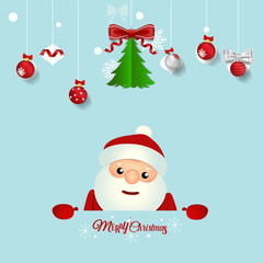 Christmas Greeting Card with Santa Claus, Christmas tree and Christmas decorations. Vector illustration