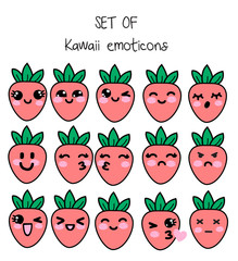 Vector set of kawaii emoticons, cute strawberries with faces with different emotions