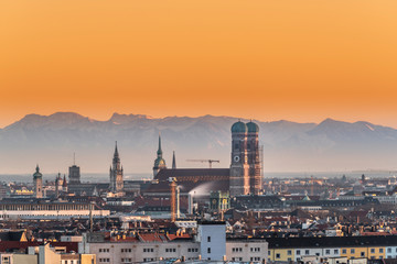 Munich panoramic view city view of church Germany old town sunset.