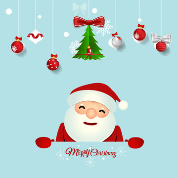 Christmas Greeting Card with Santa Claus, Christmas tree and Christmas decorations. Vector illustration