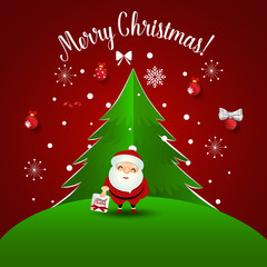 Christmas Greeting Card with Santa Claus and Christmas tree. Vector illustration