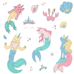 Obraz premium Caticorns and unicorns mermaid vector illustration
