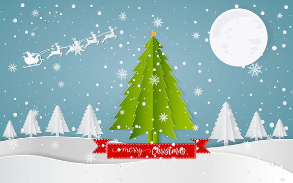 Merry christmas,Snow forest. pines in winter Paper vector Illustration
