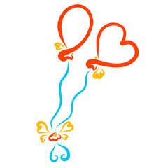 wo flying balloons with threads and bow, heart and oval