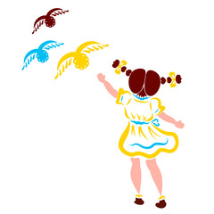 Little girl with two pigtails and three flying birds