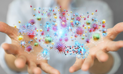 Businesswoman analyzing bacteria microscopic close-up 3D rendering