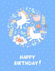 Happy birthday greeting card with cute unicorns. Magic picture. Vector illustration.