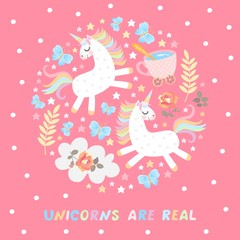 Unicorns are real. Cute card with magic creatures on bright pink background.