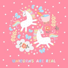 Obraz premium Unicorns are real. Cute card with magic creatures on bright pink background.