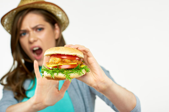 Refusal to eat fast food concept  photo with woman