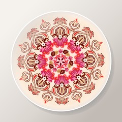 Decorative plate with bright floral mandala. Colorful round ornament. Vector illustration.