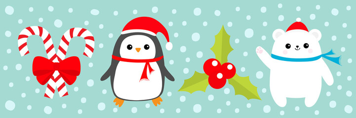 Merry Christmas icon set. Candy Cane stick with red bow. Penguin bird, white polar bear cub wearing Santa Claus hat, scarf. Holly berry Mistletoe. Blue snow background. Flat design.