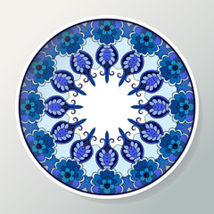 Decorative porcelain plate with round ethnic ornament. Mandala in blue colors. Interior decoration. Vector illustration.