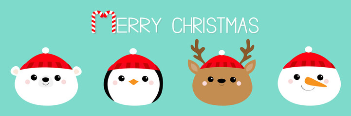 Merry Christmas. White polar bear Penguin Deer bird Raindeer Snowman round face head icon set. New Year. Cute cartoon funny kawaii baby character. Greeting card. Flat design Blue background.
