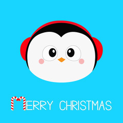 Merry Christmas. Penguin round head face icon. Red headphones hat. Happy New Year. Cute cartoon kawaii baby character. Arctic animal. Flat design. Hello winter. Blue background.