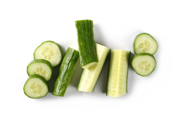 Fresh sliced cucumber isolated on white background, top view