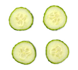 Fresh sliced cucumber isolated on white background, top view