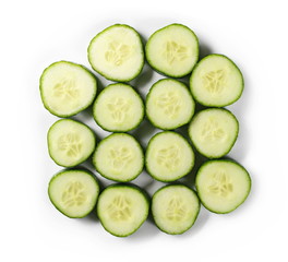 Fresh sliced cucumber isolated on white background, top view