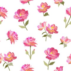 Fototapeta na wymiar Embroidery seamless pattern with beautiful pink rose flowers isolated on white background. Summer print. Fashion design. Vector embroidered illustration.