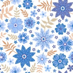 Embroidery seamless pattern with beautiful flowers in blue colors on white background. Fashion print. Vector embroidered illustration.