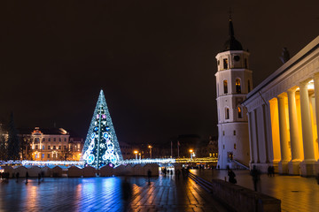 Obraz premium Night view of Vilnius city. Panorma. Snow. Winter. Christmas.