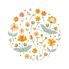 Embroidery round pattern with beautiful wild flowers. Floral composition isolated on white background. Vector illustration.