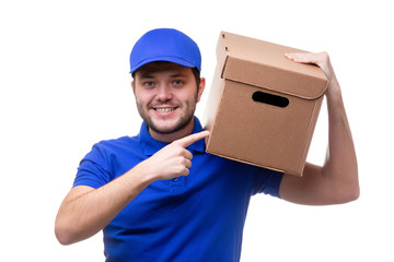 Picture of man in blue t-shirt and baseball cap with cardboard box