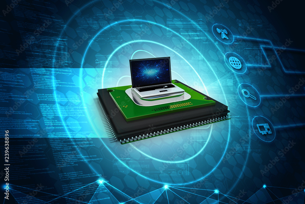 Poster 3d render laptop computer with microchips