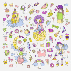 Colored Set of teenage girl icons, cute cartoon teen objects, fun stickers design vector in teenager girls concept. Doodle icon set for teenagers. Colored hand drawn pizza, unicorn, sweets