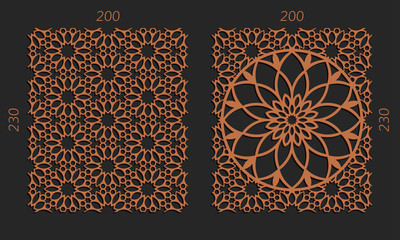 Laser cutting set. Woodcut vector trellis panels. Plywood lasercut floral design. Hexagonal seamless patterns for printing, engraving, paper cut. Stencil lattice ornaments.