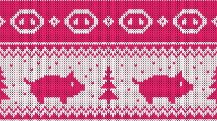 Christmas seamless knitted pattern with piglet and the fir christmas trees. Happy new 2019 year - chiness new year of the earth pig vector illustration. © Konstantin