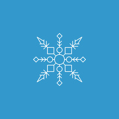 Snowflake icon. White silhouette snow flake sign, isolated on blue background.