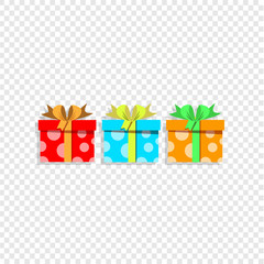 cute cartoon set of colorful gift boxes wrapped with festive bow isolated