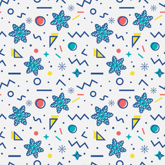 Seamless pattern with snowflakes. Memphis style. Vector background.