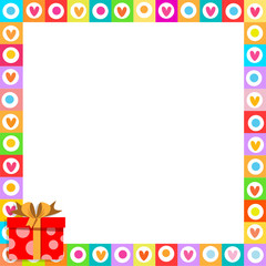 cute border made of doodle hearts with red gift box with ribbon in corner.