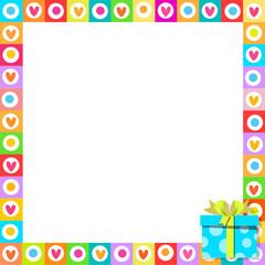 photo frame made of cute hearts with blue wrapped gift box in corner.