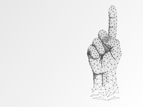 Origami style Sign language number one gesture, low poly model of human hand pointing, showing. Deaf people silent communication alphabet. Polygonal connection wireframe. Raster 1 on white background