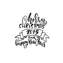 Merry Christmas and Happy New Year. Holiday modern dry brush ink lettering for greeting card. Vector illustration.