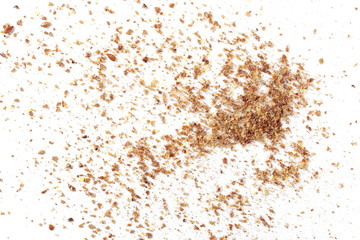 Ground, crushed, milled flaxseed, linseed isolated on white background