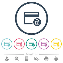Lock credit card transactions flat color icons in round outlines