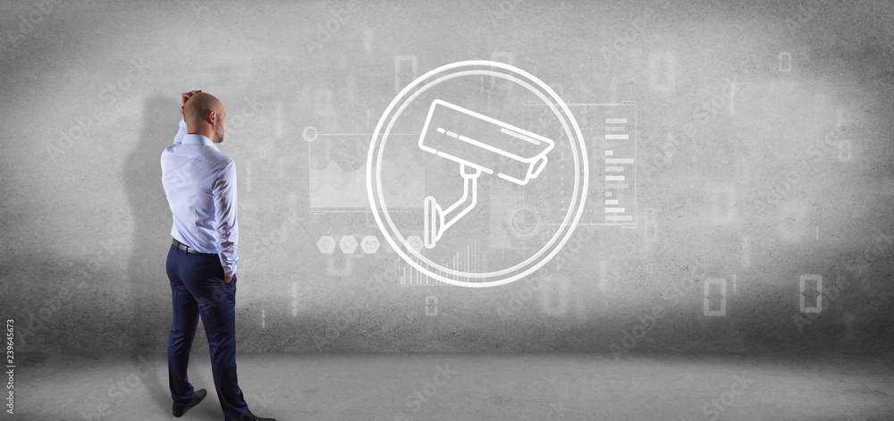 Poster businessman in front of a wall with security camera system icon and statistics data - 3d rendering