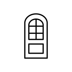 Black & white illustration of closed arch door. Vector line icon. Isolated object