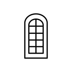 Black & white illustration of closed arch door. Vector line icon. Isolated object