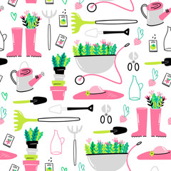 Various tools for working in the garden. Hand drawn colored vector seamless pattern © Dariia