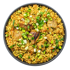 Rice pilaf with meat carrot and onion bowl. Isolated on white background. Top view
